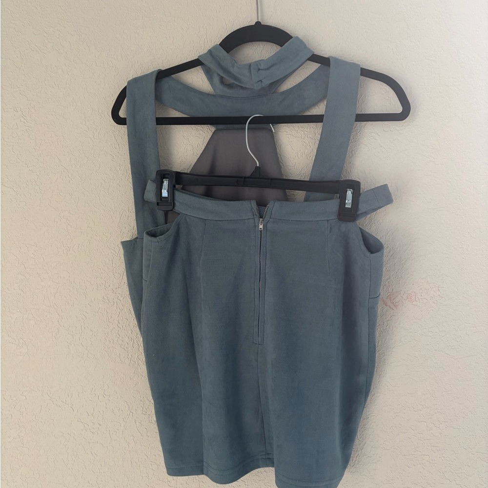 NWT NEW 2pc outfit set LUXXEL top / skirt Steel Blue Faux Suede Large
